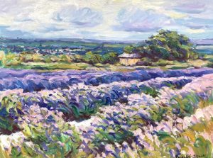 Image of a card painted by Dugald Stark called Lavender Fields