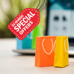 Image of shopping bags with an SIA members special offers tag attached.