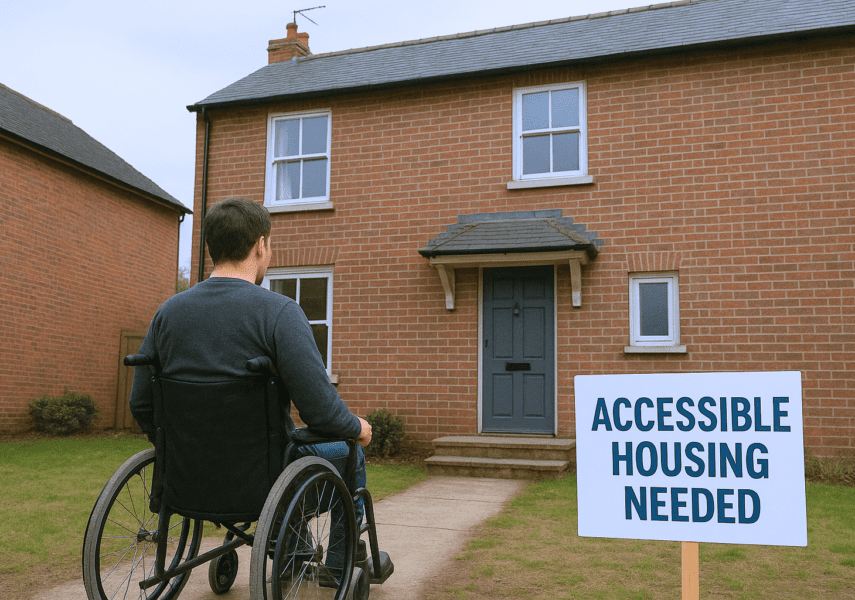 Man in a wheelchair facing a house that is not accessible to him.