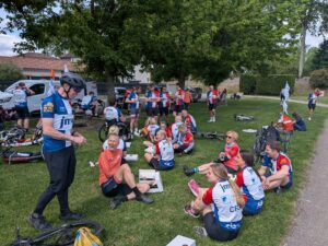 Cyclists at a riverside lunch stop France