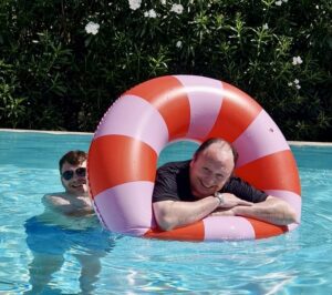 Edward in Corfu swimming pool using inflatable