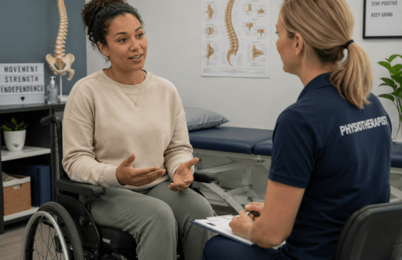 Woman in wheelchair speaking to physio